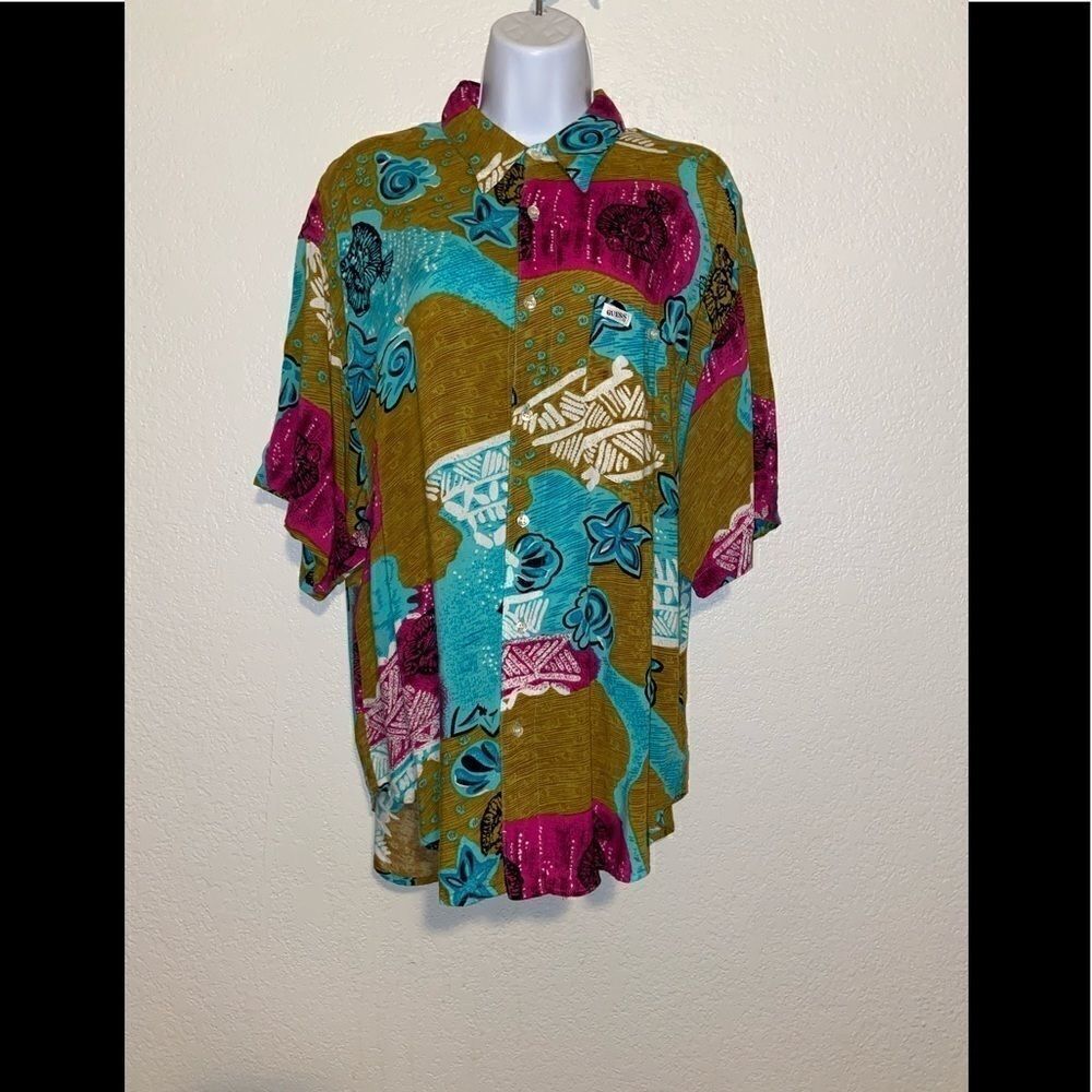 Vintage Guess by Georges‎ Marciano Hawaiian Fish print Retro Button Down